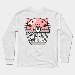 Cat in coffee cup with warped text holding coffee cup with heart pink and white Long Sleeve T-Shirt